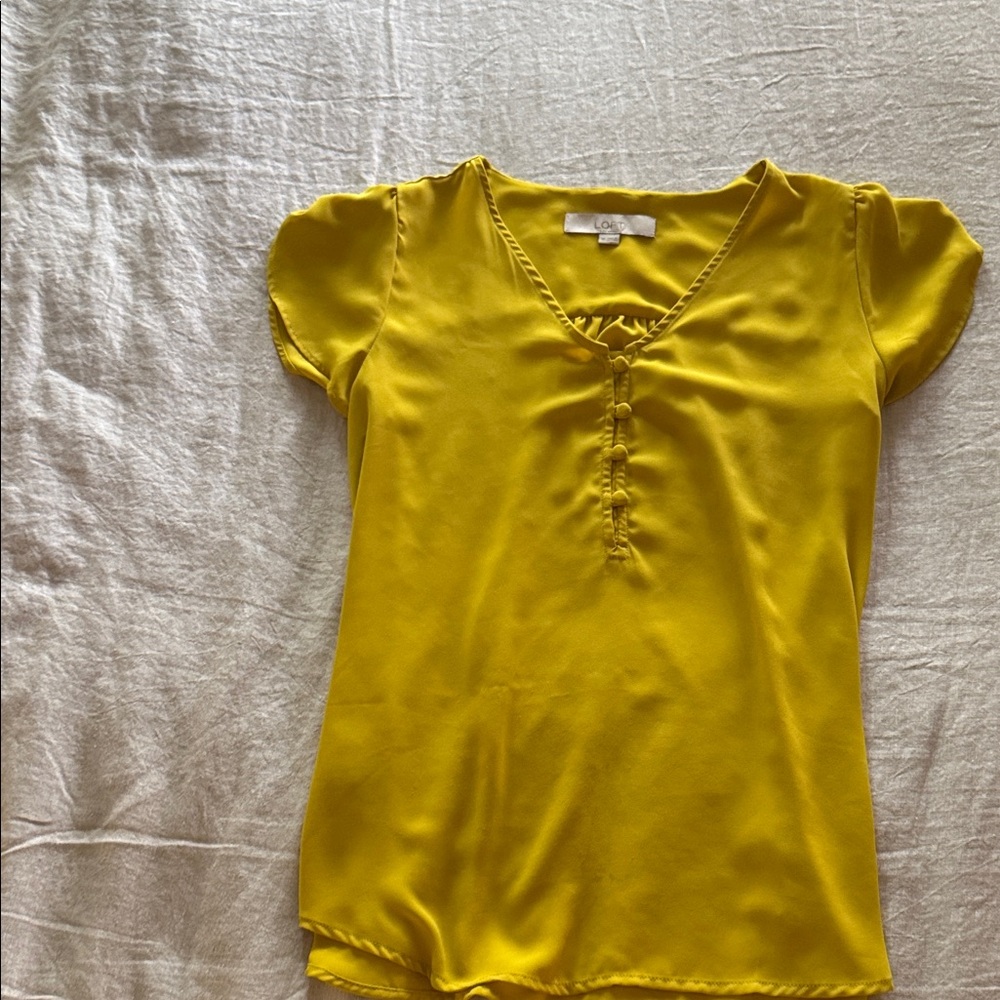LOFT Yellow V-Neck Short Sleeve Blouse with Button Detail